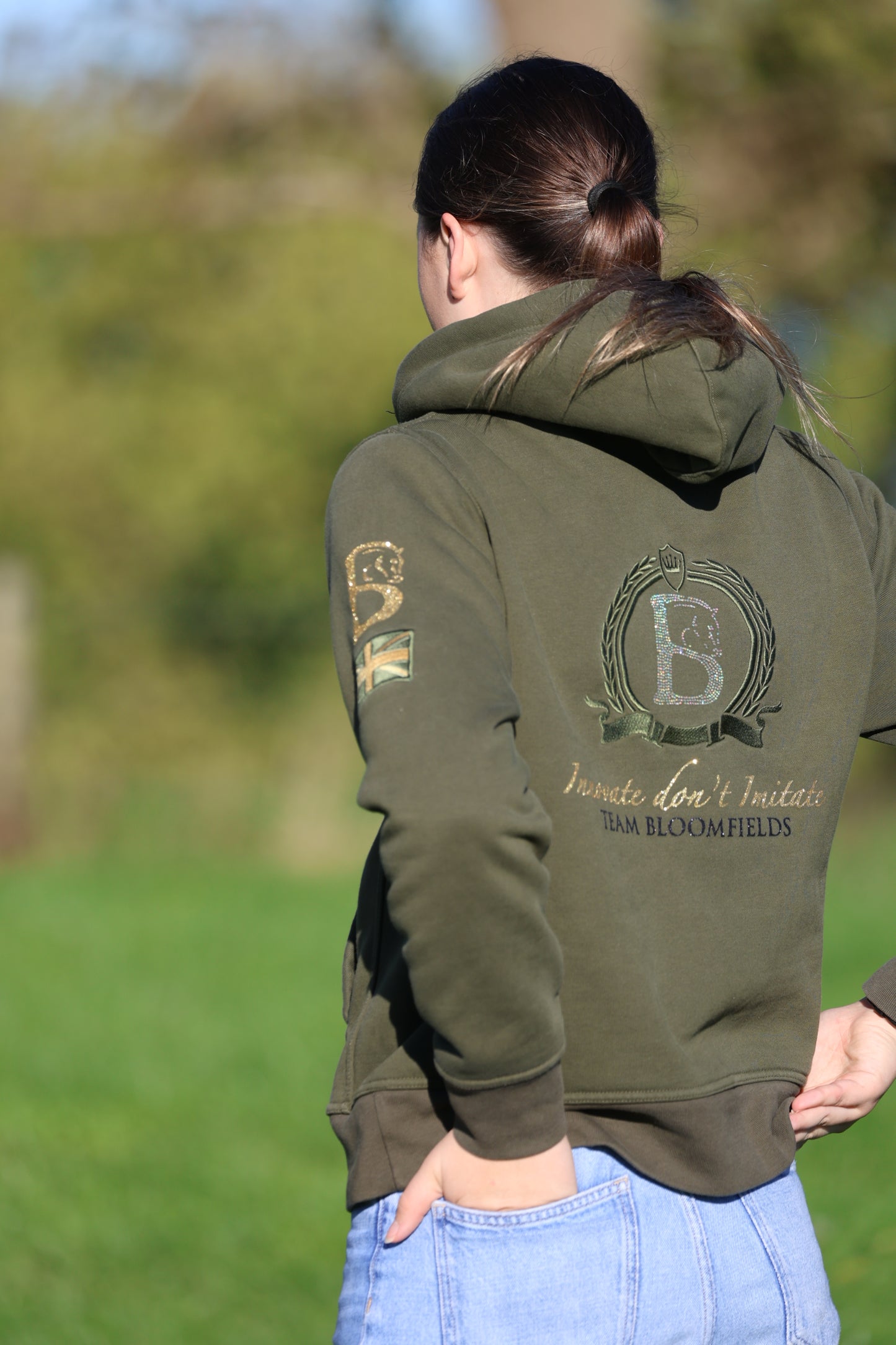 Adelle Ladies Olive Diamanté Cross Necked Hoodie