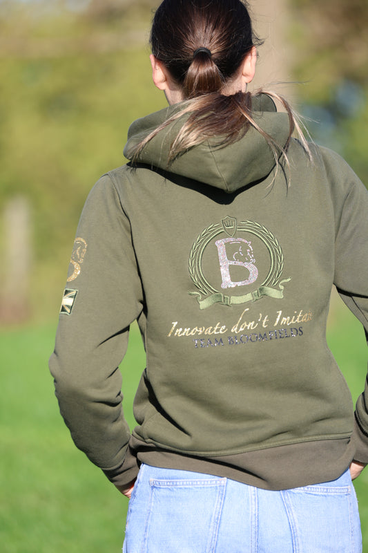 Adelle Ladies Olive Diamanté Cross Necked Hoodie