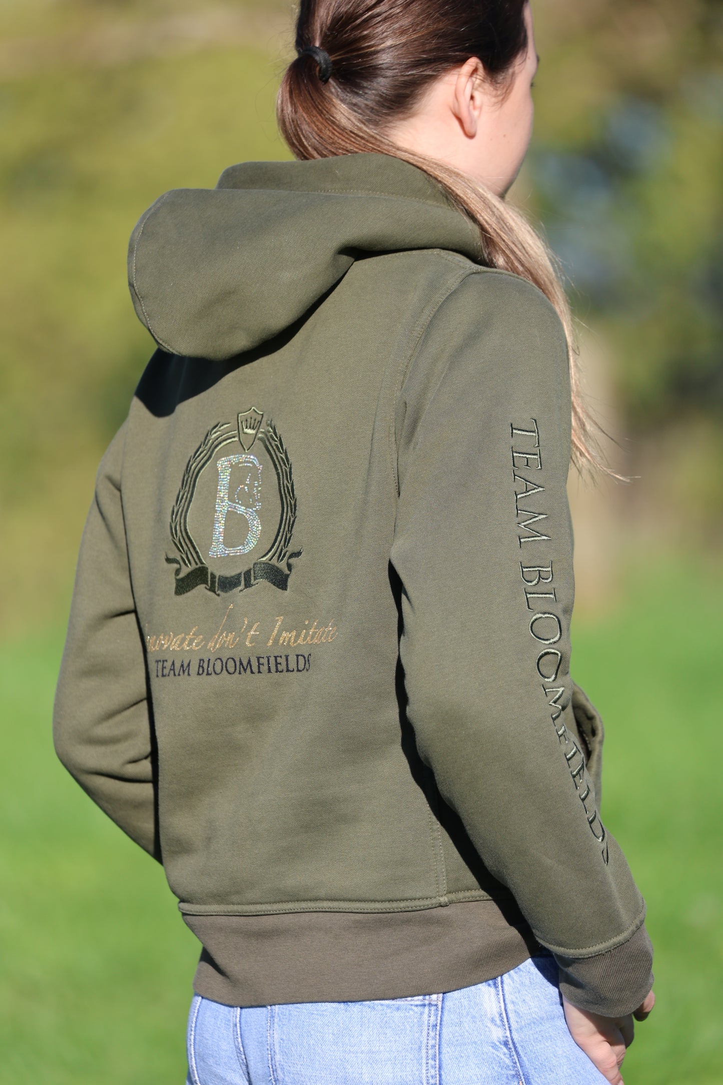 Adelle Ladies Olive Diamanté Cross Necked Hoodie