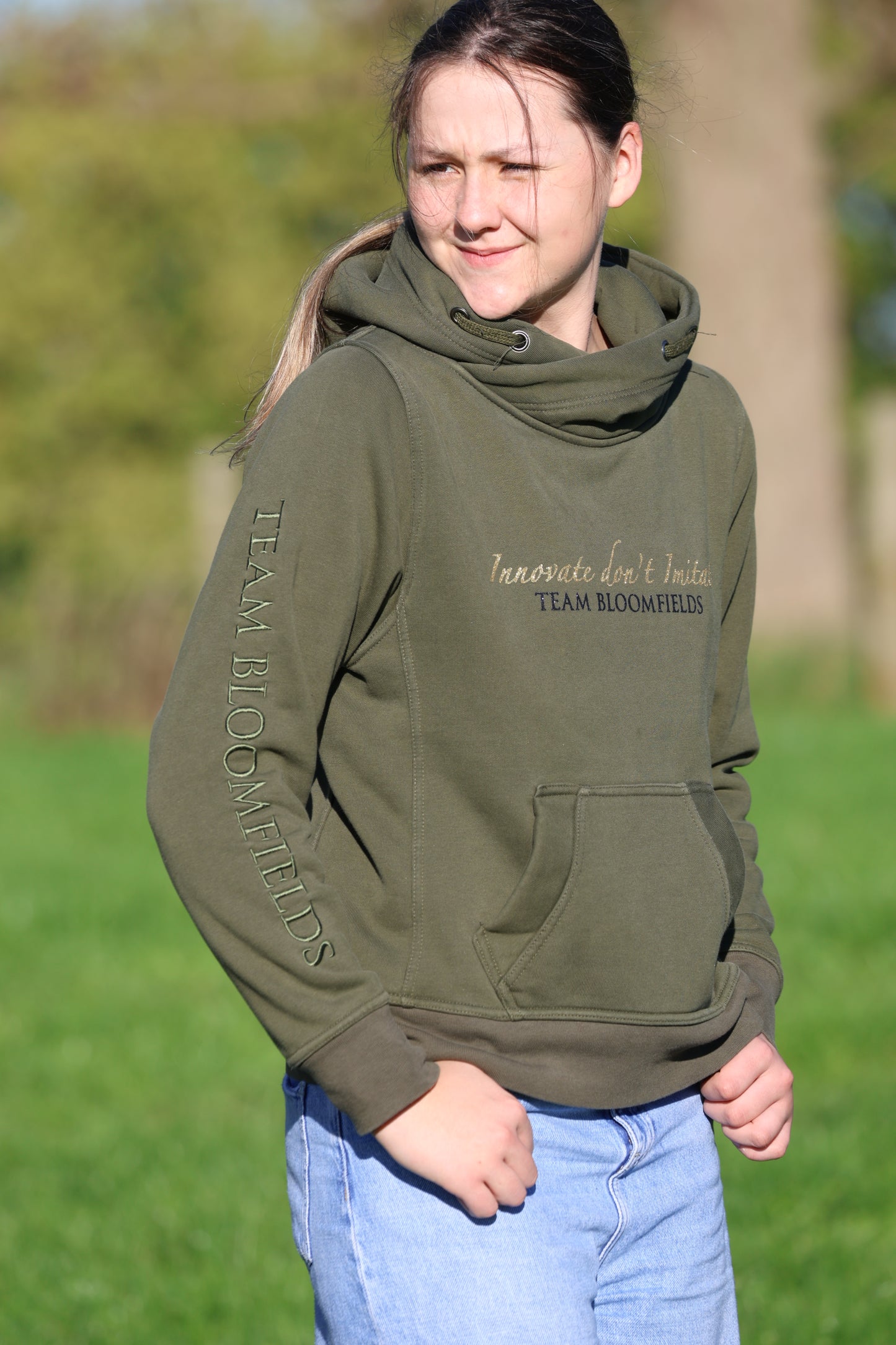Adelle Ladies Olive Diamanté Cross Necked Hoodie