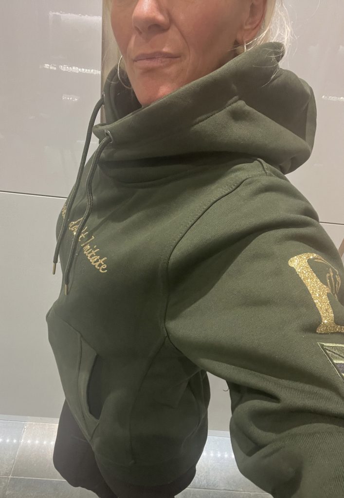 Adelle Ladies Olive Diamanté Cross Necked Hoodie