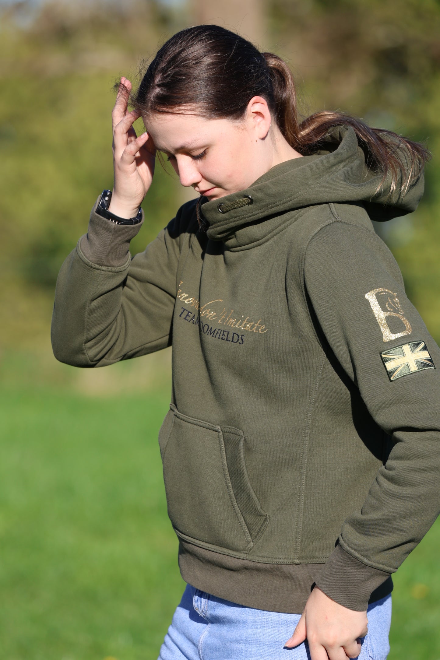 Adelle Ladies Olive Diamanté Cross Necked Hoodie