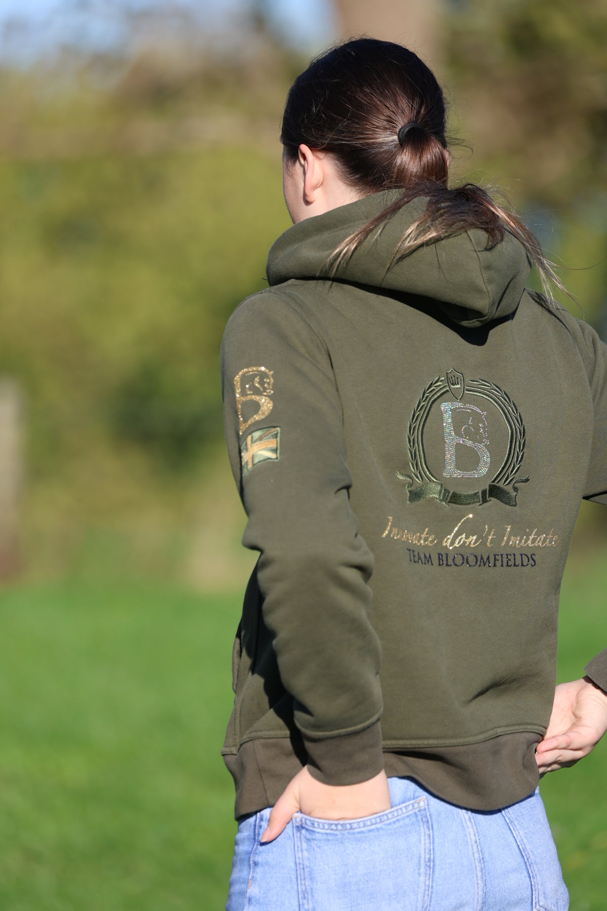 Adelle Ladies Olive Diamanté Cross Necked Hoodie
