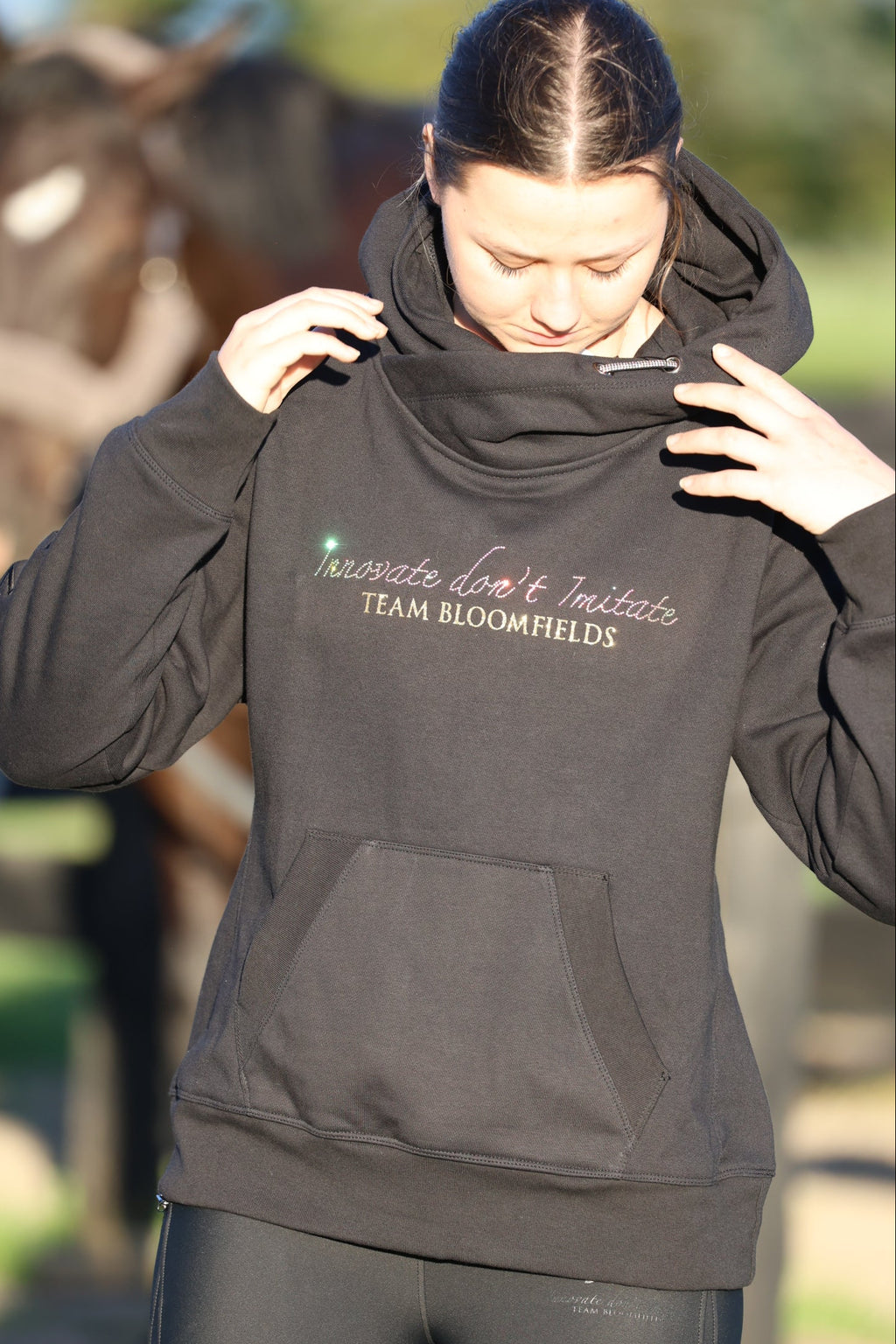 Amelia Black with Gold Diamante Cross Necked Hoodie