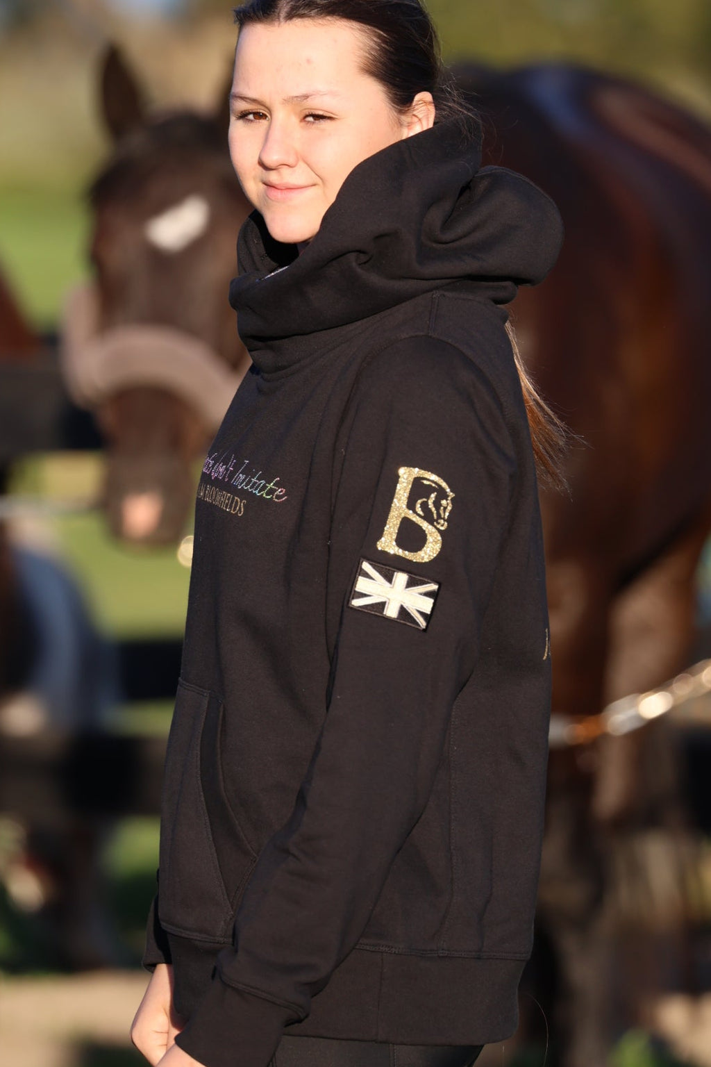 Amelia Black with Gold Diamante Cross Necked Hoodie
