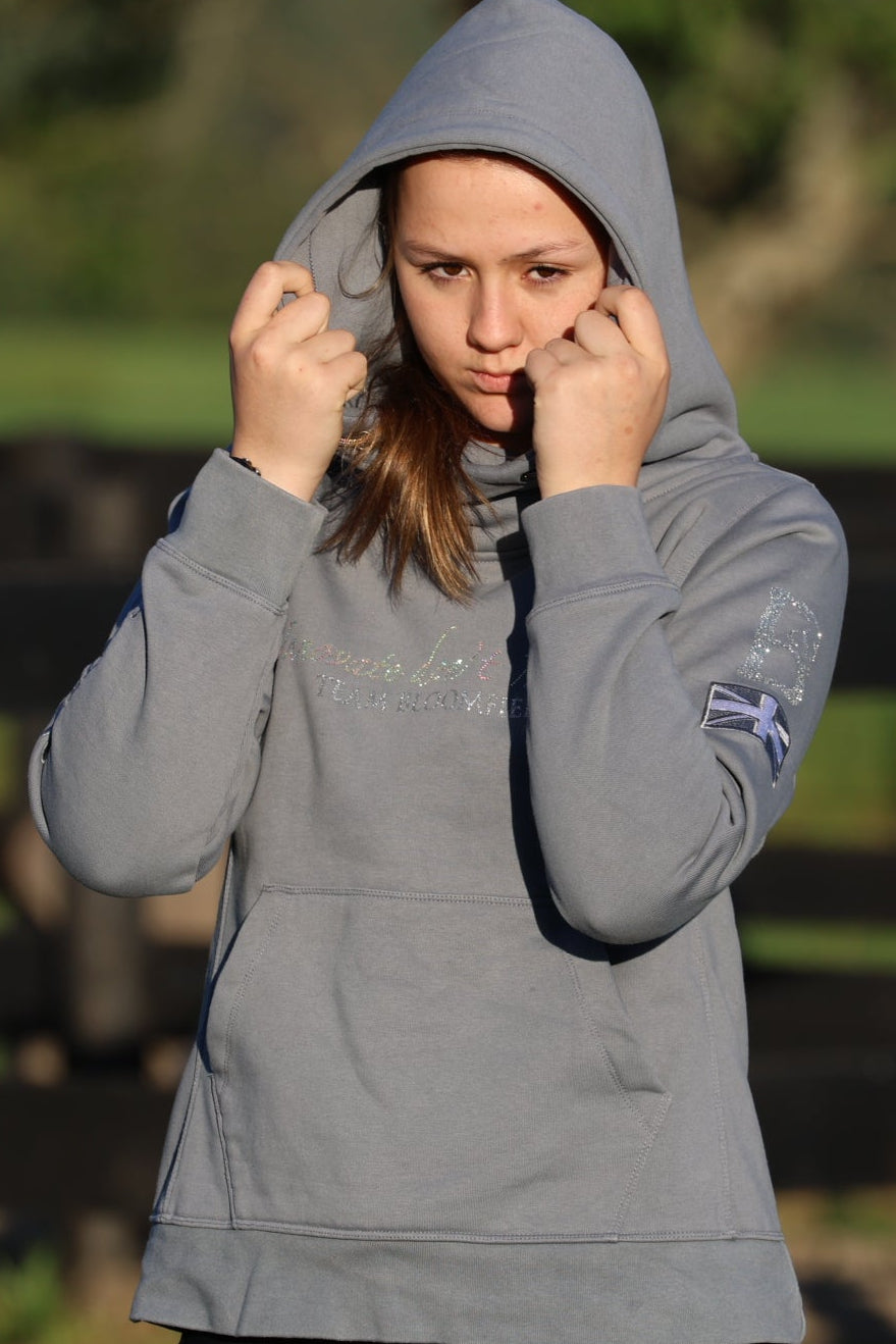 Amelia Denim Grey & Silver Diamante Cross Necked Hoodie