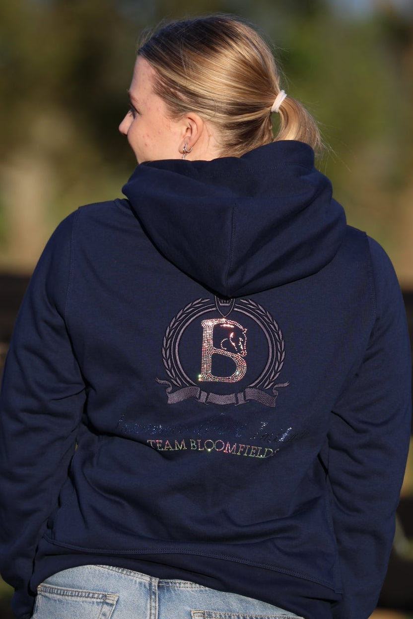 Amelia Navy with Silver Diamante Cross Necked Hoodie