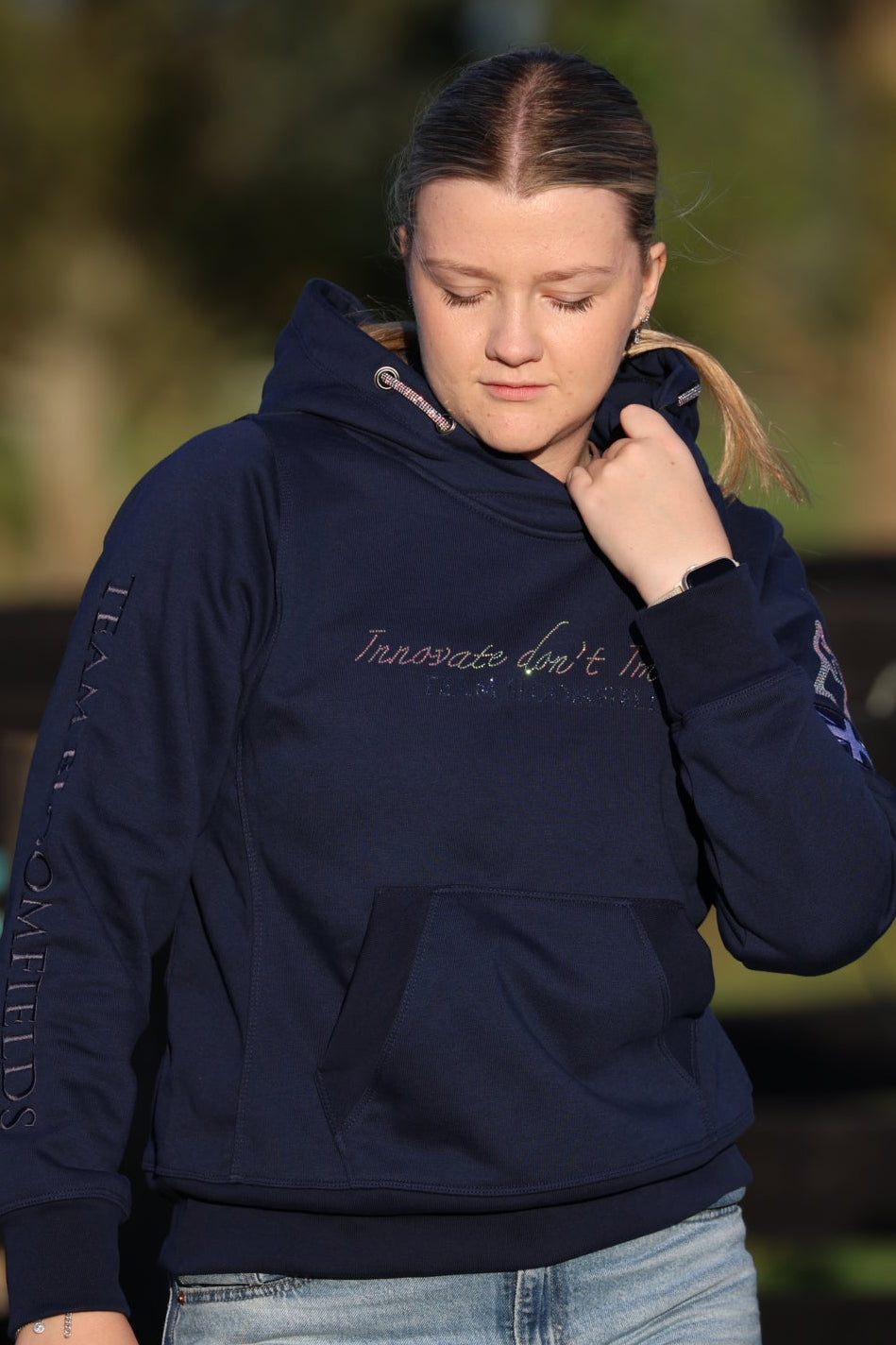 Amelia Navy with Silver Diamante Cross Necked Hoodie