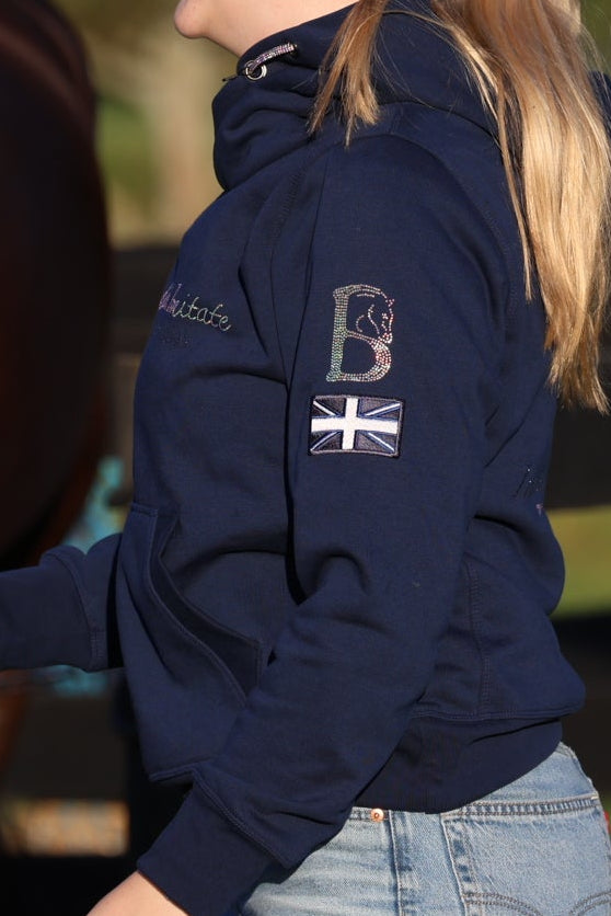 Amelia Navy with Silver Diamante Cross Necked Hoodie