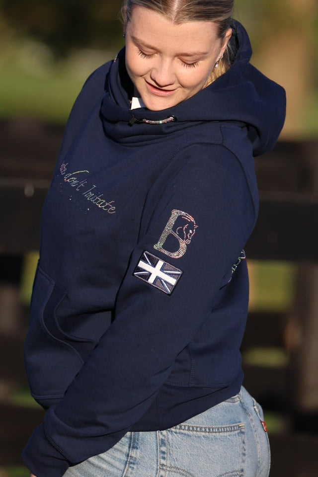 Amelia Navy with Silver Diamante Cross Necked Hoodie