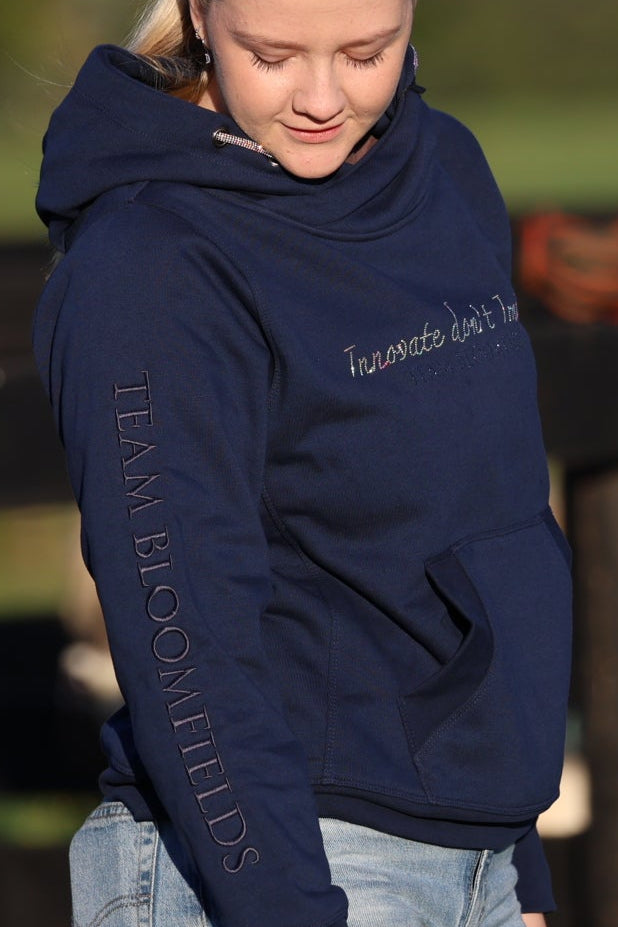 Amelia Navy with Silver Diamante Cross Necked Hoodie