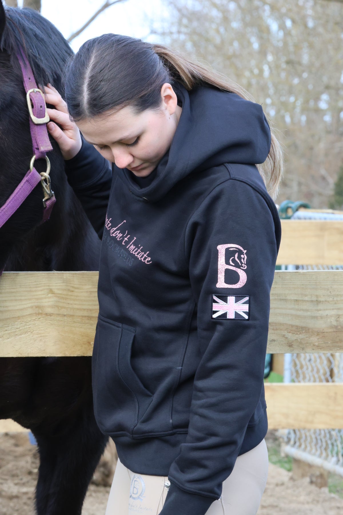 Adelle Black Diamante Cross Necked Hoodie