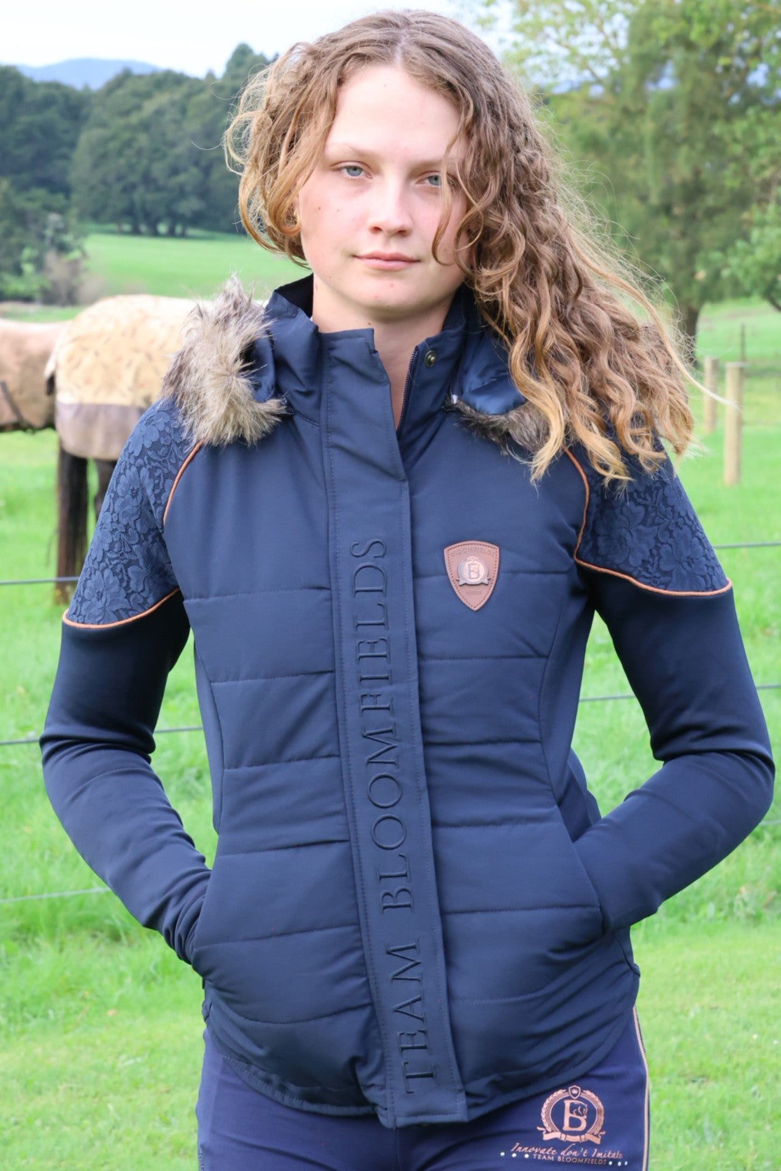 Francesca Navy With Rose Gold Lace And Fur Jacket