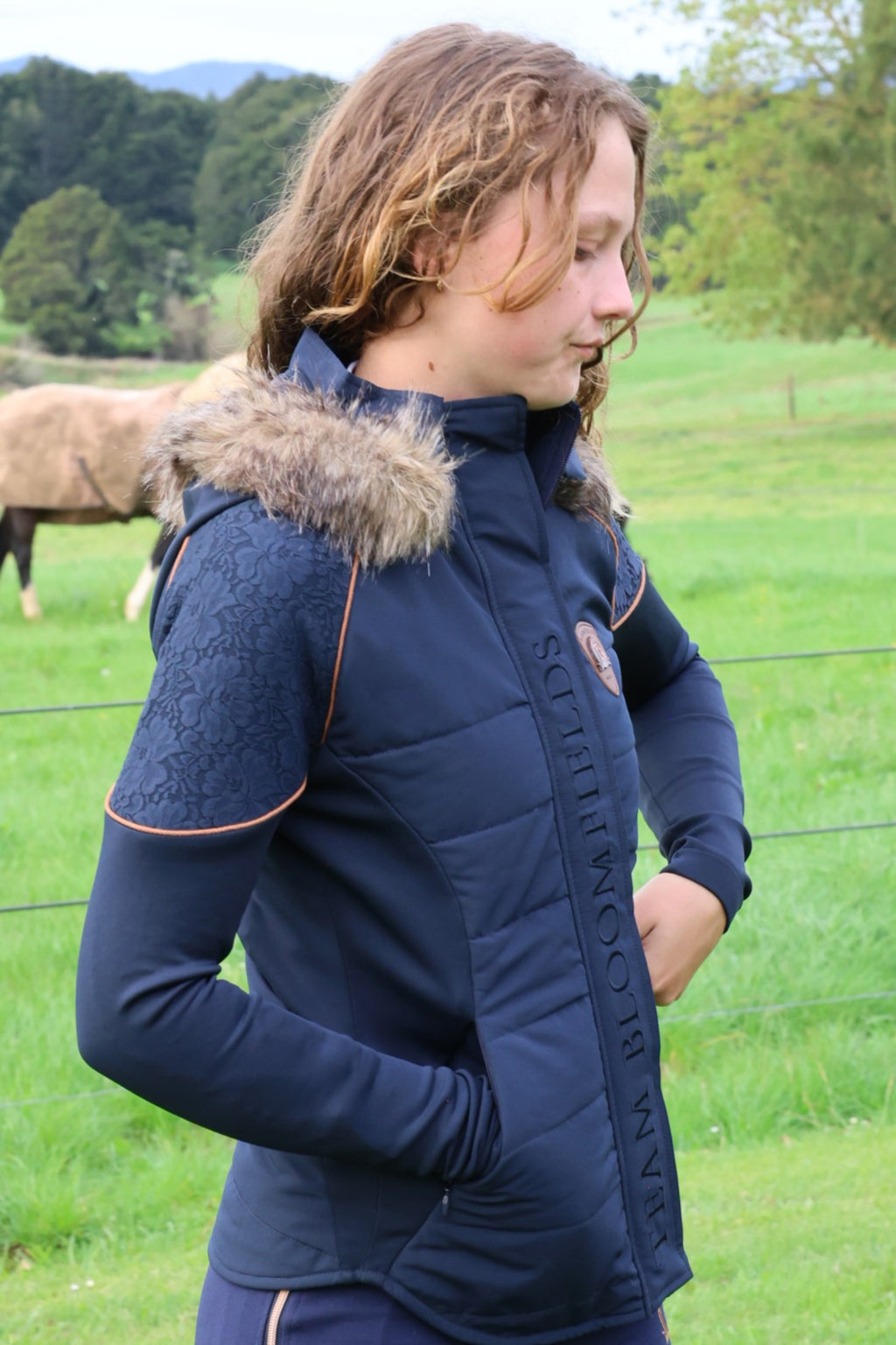 Francesca Navy With Rose Gold Lace And Fur Jacket