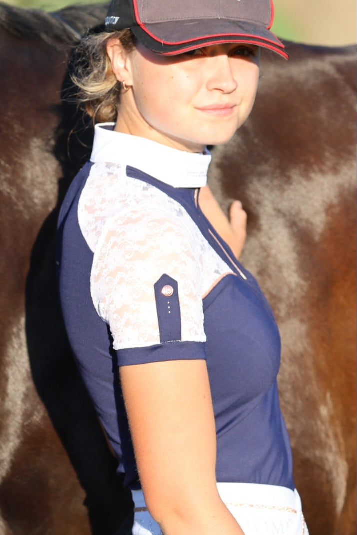 Sophia Navy Lace Show Shirt with Short Sleeves