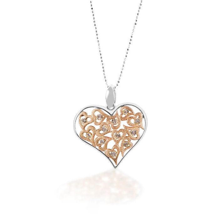 KHJ - Clear & Rose Gold Multi-Heart Pendant - Sterling Silver